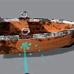 Drewniana łódź na szarym tle z niebieskim promieniem skierowanym na jej burtę