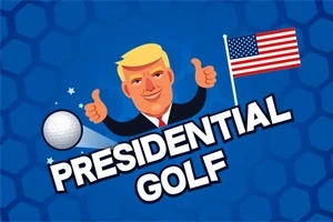 Animowana postać z blond włosami i uśmiechem pokazująca podwójne kciuki w górę, z amerykańską flagą i piłką golfową na niebieskim tle z napisem Presidential Golf