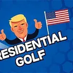 Animowana postać z blond włosami i uśmiechem pokazująca podwójne kciuki w górę, z amerykańską flagą i piłką golfową na niebieskim tle z napisem Presidential Golf