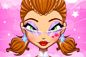 Kreskówkowa postać z okularami, fioletowym makijażem oczu, czerwonymi ustami i kolczykami w kształcie diamentów na różowym tle w gwiazdki