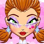 Kreskówkowa postać z okularami, fioletowym makijażem oczu, czerwonymi ustami i kolczykami w kształcie diamentów na różowym tle w gwiazdki