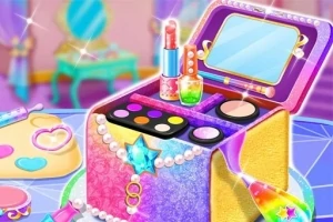 Kolorowe pudełko na biżuterię i kosmetyki z lustrem, ozdobione perełkami i gwiazdkami, na stole w eleganckim pokoju