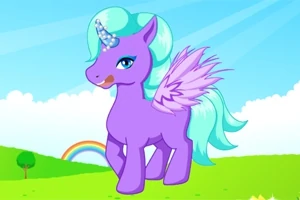 Fioletowy jednorożec z błękitną grzywą i skrzydłami na zielonej łące z tęczą w tle