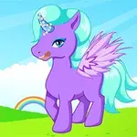 Fioletowy jednorożec z błękitną grzywą i skrzydłami na zielonej łące z tęczą w tle