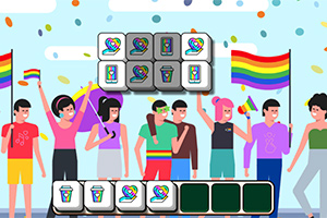 Ludzie stojący z tęczowymi flagami, ubrani w kolorowe stroje, na tle konfetti i jasnego nieba