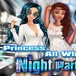 Trzy postacie kobiece w eleganckich, białych strojach na tle modnego, klubowego otoczenia