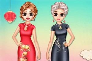 Dwie uśmiechnięte, animowane postacie kobiece w eleganckich sukienkach stojące na tle wschodniego lampionu i pastelowego nieba