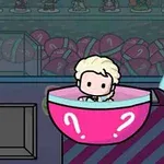 Postać z jasnymi włosami siedzi w różowej kapsule z białymi znakami zapytania, otoczonej innymi kapsułami na wystawie