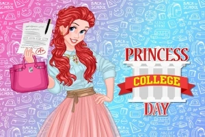 Księżniczka o czerwonych włosach trzyma torebkę i kartkę z oceną A, na tle wzorów szkolnych, obok napisu Princess College Day