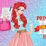 Księżniczka o czerwonych włosach trzyma torebkę i kartkę z oceną A, na tle wzorów szkolnych, obok napisu Princess College Day