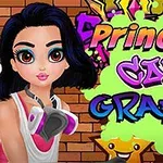 Postać dziewczyny z ciemnymi włosami, maską na szyi, na tle kolorowego graffiti i ceglanej ściany z napisem „Princess Cool Graffiti”