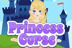 Ilustracja przedstawia smutną blondwłosą księżniczkę na tle zamku i nieba z napisem Princess Curse na pierwszym planie