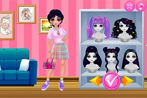 Postać w kolorowym pokoju wybiera fryzurę z różnych peruk wyświetlonych na ekranie, obok niebieskiej kanapy i różowej ściany z obrazkami