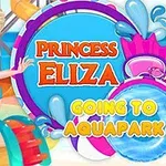 Kreskówkowa księżniczka w stroju kąpielowym na tle kolorowego aquaparku