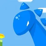 Postać z zielonymi włosami i różowym strojem trzymająca złoty miecz staje naprzeciwko niebieskiego stwora na tle nieba