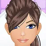 Grafika przedstawia animowaną postać kobiety o brązowych włosach, niebieskich oczach i z uśmiechem, na tle fioletowych kwadratów