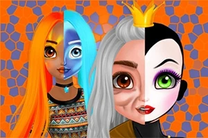 Kolorowy kolaż dwóch postaci z charakterystycznymi makijażami i fryzurami na tle geometrycznych wzorów