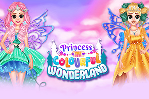 Dwie wróżki w kolorowych, fantazyjnych strojach na tle różowego nieba i napisu Princess in Colourful Wonderland