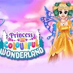 Dwie wróżki w kolorowych, fantazyjnych strojach na tle różowego nieba i napisu Princess in Colourful Wonderland