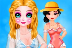 Dwie animowane postacie kobiece w strojach letnich na niebieskim tle