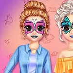 Dwie dziewczyny z makijażem motyla na twarzach na kolorowym tle z ikonami emotikon