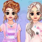 Dwie postacie z dużymi oczami, stojące obok siebie na fioletowo-niebieskim tle, ubrane w pastelowe ubrania