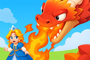 Smok zieje ogniem w kierunku przestraszonej księżniczki na tle błękitnego nieba z chmurami