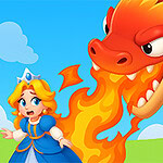 Smok zieje ogniem w kierunku przestraszonej księżniczki na tle błękitnego nieba z chmurami