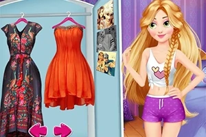 Dwie eleganckie sukienki wiszące w szafie obok uśmiechniętej postaci w fioletowych szortach i białej koszulce z sercem