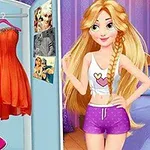 Dwie eleganckie sukienki wiszące w szafie obok uśmiechniętej postaci w fioletowych szortach i białej koszulce z sercem