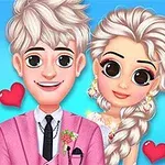 Dwie animowane postacie, uśmiechnięta dziewczyna z warkoczem i chłopak w różowym garniturze, z serduszkami w tle na niebieskim tle