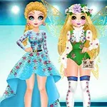 Dwie postacie w kolorowych, fantazyjnych strojach z kwiatowymi motywami stojące na tle jasno oświetlonej sceny