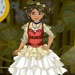 Postać w stroju steampunkowym z gorsetem i białą, wielowarstwową spódnicą na tle zegara i mechanizmów