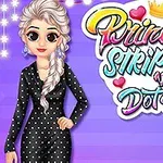 Postać w czarnej sukience w białe kropki na fioletowym tle z napisem dekoracyjnym