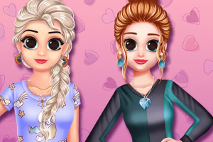 Dwie postacie z dużymi oczami stojące na różowym tle z wzorem serc