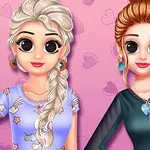 Dwie postacie z dużymi oczami stojące na różowym tle z wzorem serc