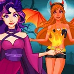 Dwie postacie w fantazyjnych strojach, jedna z fioletowymi włosami w sukni, druga z pomarańczowymi włosami, rogami i skrzydłami, na tle nocnego krajobrazu z drzewami i nagrobkami