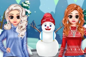 Dwie uśmiechnięte postacie z kreskówki stoją obok bałwana w zimowej scenerii