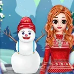 Dwie uśmiechnięte postacie z kreskówki stoją obok bałwana w zimowej scenerii