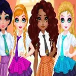 Pięć postaci o różnorodnym wyglądzie i fryzurach, ubranych w kolorowe mundurki szkolne z krawatami stojących obok siebie