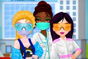 Trzy postacie w maskach i okularach ochronnych stojące przed budynkiem szpitala