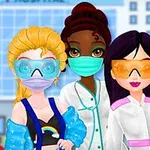 Trzy postacie w maskach i okularach ochronnych stojące przed budynkiem szpitala