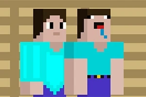 Dwóch pikselowych ludzi w niebieskich koszulkach stojących obok siebie na tle drewnianych desek, jeden z nich ma otwarte usta i wystający język