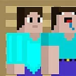 Dwóch pikselowych ludzi w niebieskich koszulkach stojących obok siebie na tle drewnianych desek, jeden z nich ma otwarte usta i wystający język