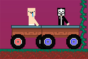 Dwóch pikselowych postaci siedzi w pojeździe na tle fioletowego nieba i zielonych pnączy