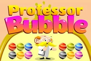 Profesor z żółtym wąsem stojący wśród kolorowych piłek, z dużym, kolorowym napisem „Professor Bubble” na górze