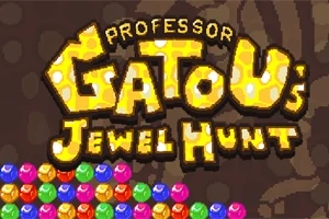 Napis Professor Gatous Jewel Hunt w jasnym kolorze na ciemnym tle z kolorowymi klejnotami na dole