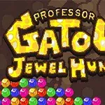 Napis Professor Gatous Jewel Hunt w jasnym kolorze na ciemnym tle z kolorowymi klejnotami na dole