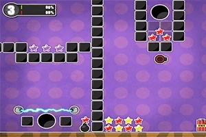 Fioletowe tło z kropkami, czarne bloki, kolorowe gwiazdki, portal i linia energetyczna, licznik w lewym górnym rogu