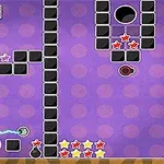 Fioletowe tło z kropkami, czarne bloki, kolorowe gwiazdki, portal i linia energetyczna, licznik w lewym górnym rogu